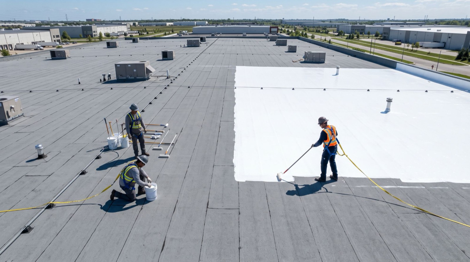 crew rolling a reflective coating onto a flat commercial roof