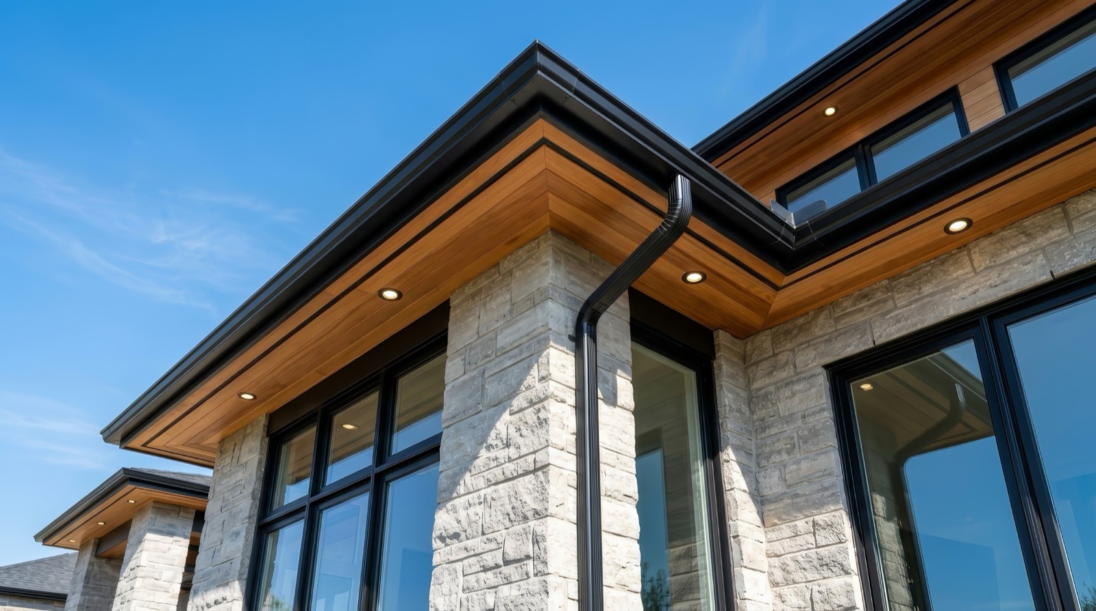 wood soffit, gutters and windows on a finished exterior